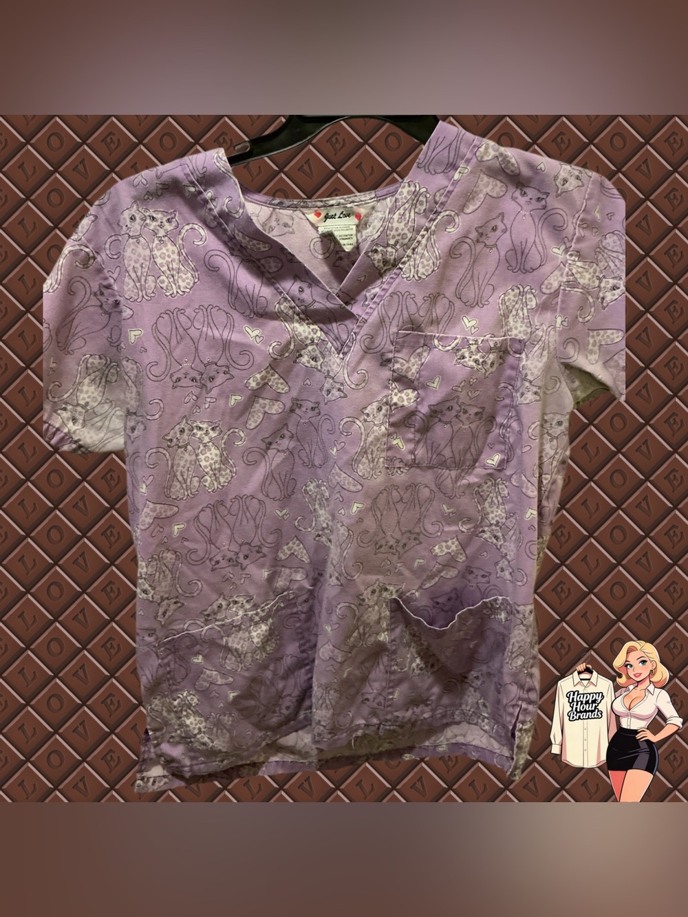 Medium Purple Cat Themed Just Love Scrub Top